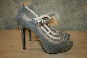New Nine West DaynNite Gun Metal Gray Sparkle Open Toe Pumps 11 M